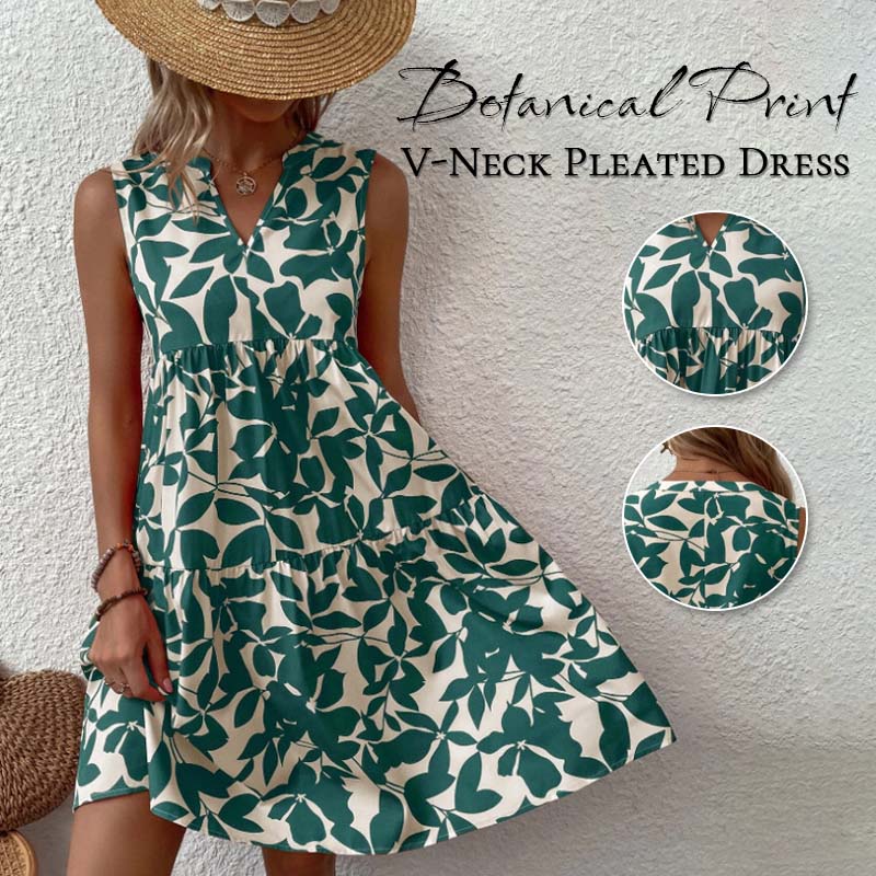 🌸2025 New Arrival💕Botanical Print V-Neck Pleated Dress
