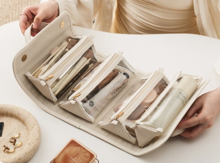 Portable leather cosmetic bag