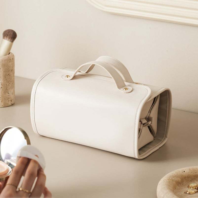 Portable leather cosmetic bag