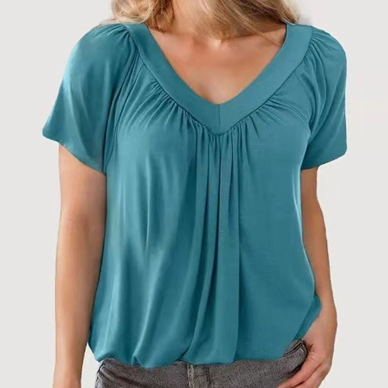 🌸Women's casual pleated V-neck short sleeve top