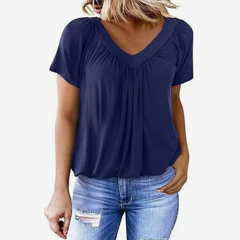 🌸Women's casual pleated V-neck short sleeve top