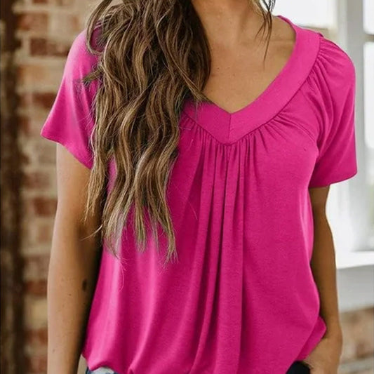 🌸Women's casual pleated V-neck short sleeve top