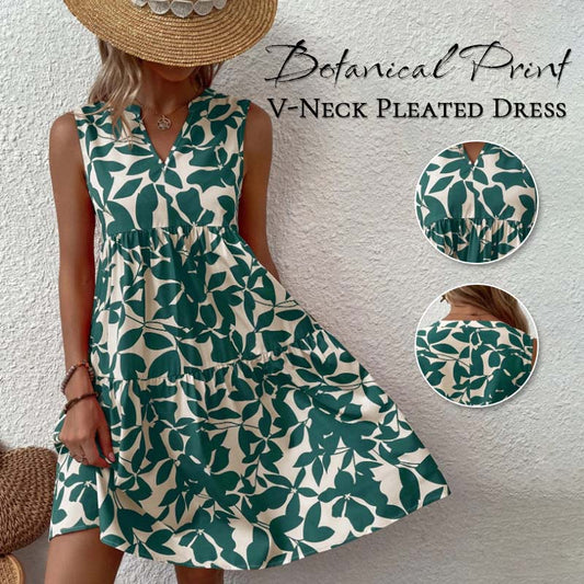🌸2025 New Arrival💕Botanical Print V-Neck Pleated Dress