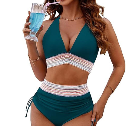 ☀️Vacation Sale 49% OFF🏖️High Waist Tummy Control Color Block Bikini Sets Color Block Bikini Sets