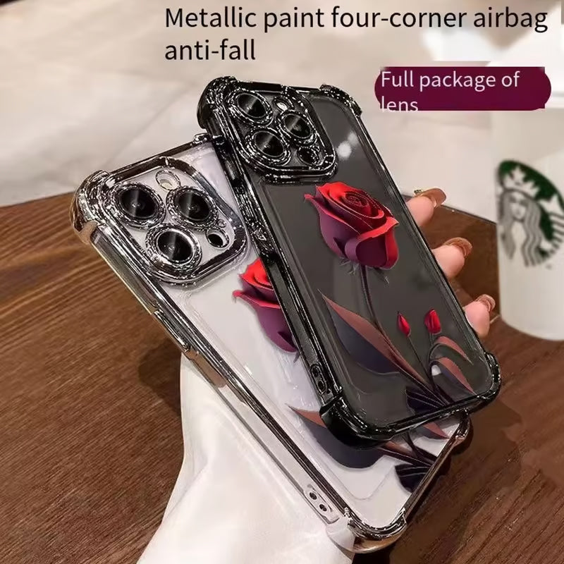 Electroplating Four-Corner Airbag Anti-Fall Shiny Rose Phone Case