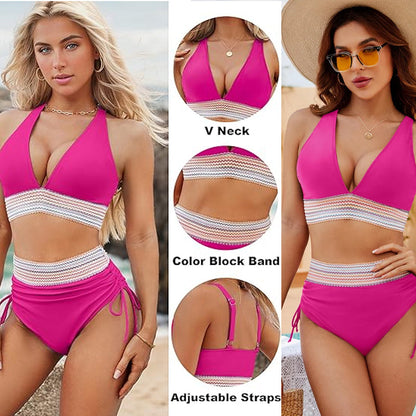 ☀️Vacation Sale 49% OFF🏖️High Waist Tummy Control Color Block Bikini Sets Color Block Bikini Sets
