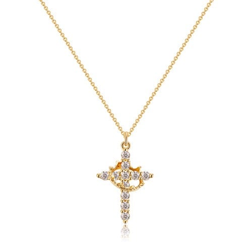 Stone laid cross rotated crown necklace